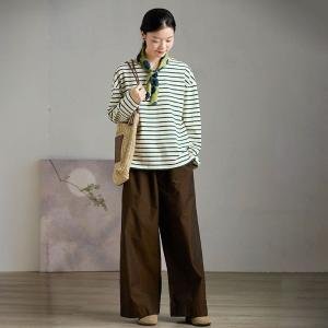Autumn Long Sleeves Green Striped Sweatshirt