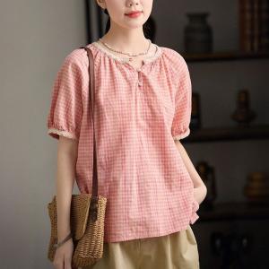 Lace Edges Puff Sleeves Pink Plaids Blouse