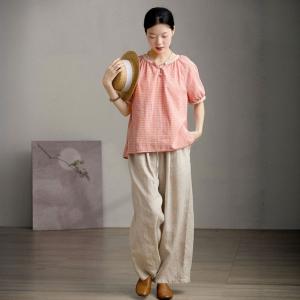 Lace Edges Puff Sleeves Pink Plaids Blouse