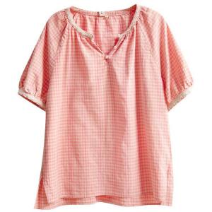 Lace Edges Puff Sleeves Pink Plaids Blouse