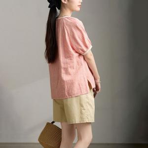 Lace Edges Puff Sleeves Pink Plaids Blouse