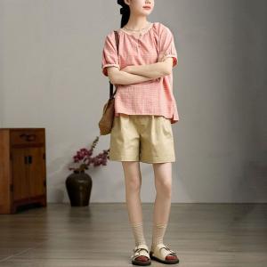 Lace Edges Puff Sleeves Pink Plaids Blouse
