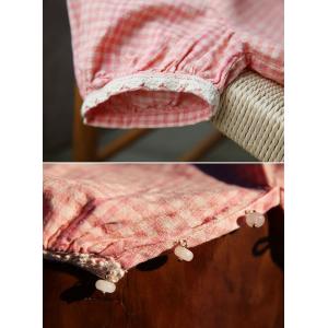 Lace Edges Puff Sleeves Pink Plaids Blouse