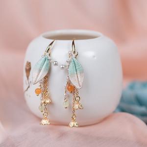 Metallic Rings Colored Leaf Long Earrings