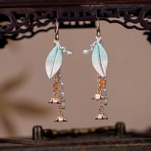 Metallic Rings Colored Leaf Long Earrings