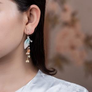 Metallic Rings Colored Leaf Long Earrings