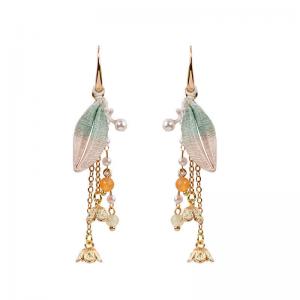 Metallic Rings Colored Leaf Long Earrings