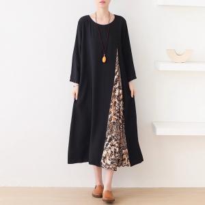 Leopard Slits Black Loose Shirt Dress