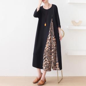 Leopard Slits Black Loose Shirt Dress