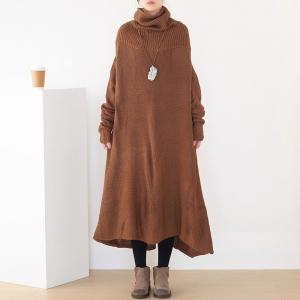 Winter Knitting Turtle Neck Camel Sweater Dress