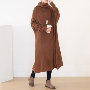 Winter Knitting Turtle Neck Camel Sweater Dress
