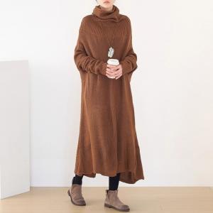 Winter Knitting Turtle Neck Camel Sweater Dress