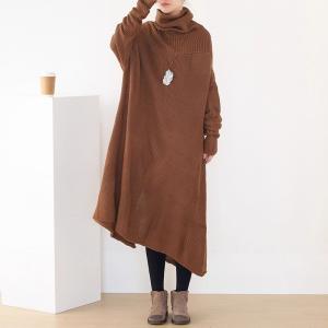 Winter Knitting Turtle Neck Camel Sweater Dress