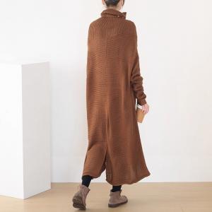 Winter Knitting Turtle Neck Camel Sweater Dress