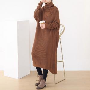 Winter Knitting Turtle Neck Camel Sweater Dress