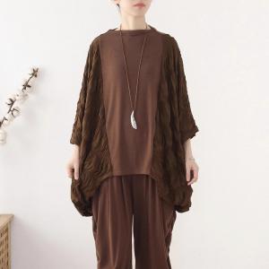 Bat Sleeves Coffee Large Size Pleated T-shirt