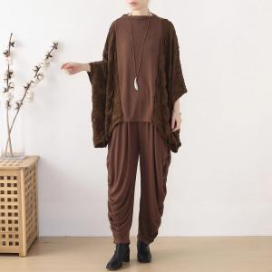 Bat Sleeves Coffee Large Size Pleated T-shirt