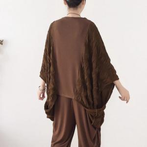 Bat Sleeves Coffee Large Size Pleated T-shirt