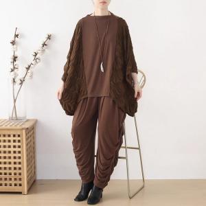 Bat Sleeves Coffee Large Size Pleated T-shirt