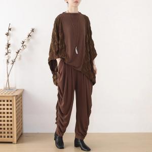Bat Sleeves Coffee Large Size Pleated T-shirt