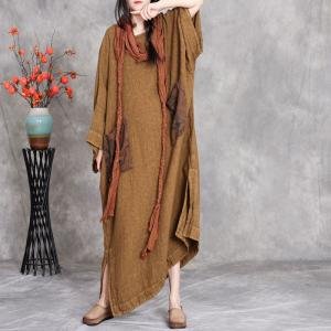 Front Pockets Hem Slit Linen Large Modest Dress