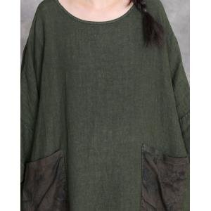 Front Pockets Hem Slit Linen Large Modest Dress