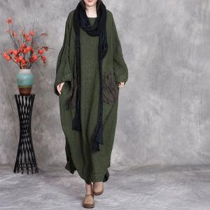 Front Pockets Hem Slit Linen Large Modest Dress