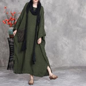 Front Pockets Hem Slit Linen Large Modest Dress
