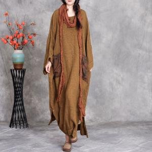 Front Pockets Hem Slit Linen Large Modest Dress