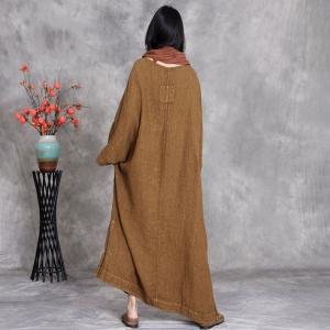 Front Pockets Hem Slit Linen Large Modest Dress