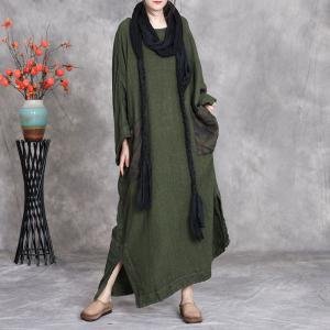Front Pockets Hem Slit Linen Large Modest Dress