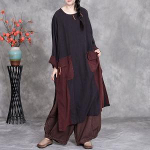 Contrast Color Side Slits Linen Midi Caftan