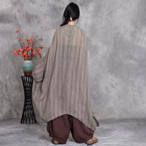 Lazy Day Gray Linen Striped Cottagecore Cardigan