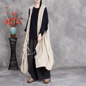 Fringed Edges Linen Tied Long Waistcoat