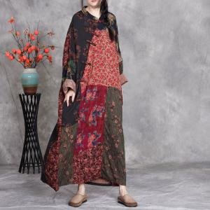 Floral Patchwork Cotton Linen Ethnic Maxi Caftan