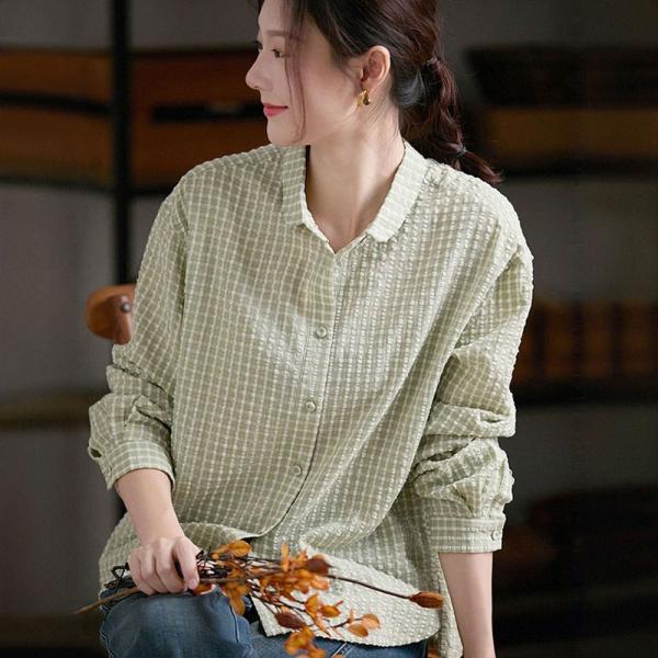 Casual 100% Cotton Long Sleeve Lapel Plaid Light Green comfy slouchy lazy day travel winery resort