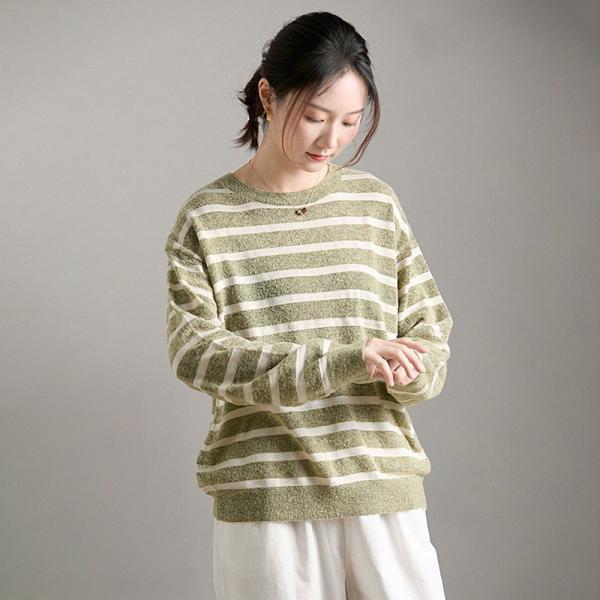 Casual Wool Blend Long Sleeve Round Neck Striped Green plus size slouchy lazy day 90s comfy