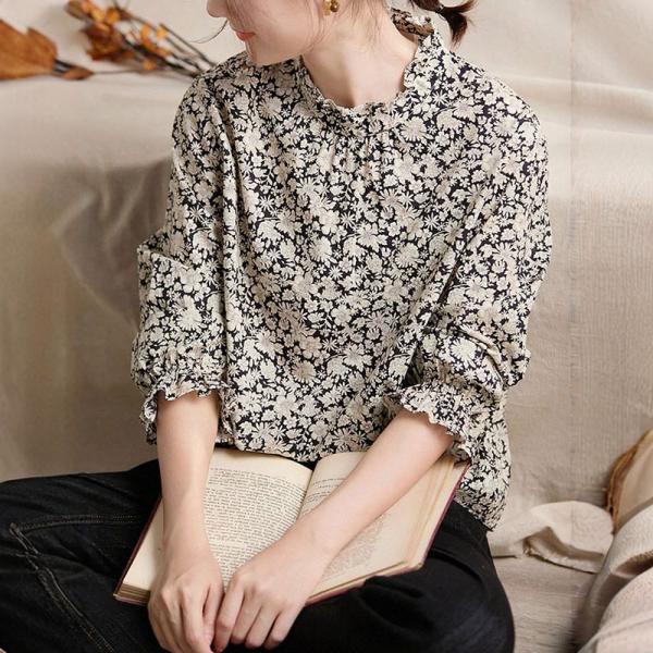 Elegant 100% Cotton Half Sleeve Ruffle Collar Printed Print comfy oversized 90s lazy day resort travel