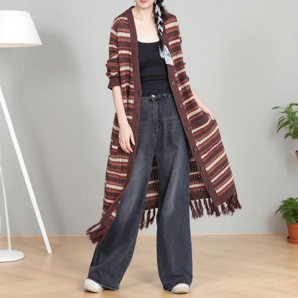 Elegant 45.8% Cashmere+30% Sheep Wool+15% Micro Fiber +9.2% Spandex Long Sleeve V-Neck Striped Blue Dark Coffee comfy oversized slouchy 90s lazy day
