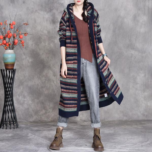 Casual 45.8% Cashmere+30% Sheep Wool+15% Micro Fiber +9.2% Spandex Long Sleeve Hooded Striped Blue Coffee comfy oversized slouchy lazy day rustic