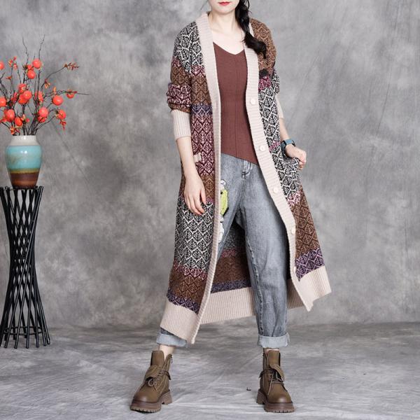 Casual 45.8% Cashmere+30% Sheep Wool+15% Micro Fiber +9.2% Spandex Long Sleeve V-Neck Printed Dark Coffee Apricot comfy oversized 90s slouchy lazy day