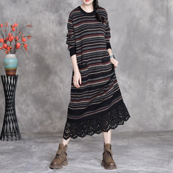 Casual 45.8% Cashmere+30% Sheep Wool+15% Micro Fiber +9.2% Spandex Long Sleeve Round Neck Striped Black Coffee Apricot slouchy lazy day winery resort ugly sweater
