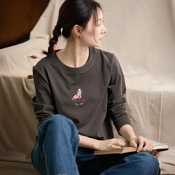 Casual 100% Cotton Long Sleeve Round Neck Solid Color Dark Gray comfy 90s lazy day slouchy oversized ulzzang