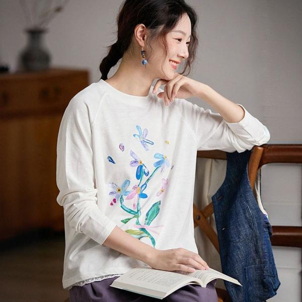 Casual 100% Cotton Long Sleeve Round Neck Printed White comfy slouchy lazy day 90s oversized rustic cottagecore