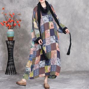 Flowers Printed Patchwork Plus Size Linen Colorful Caftan