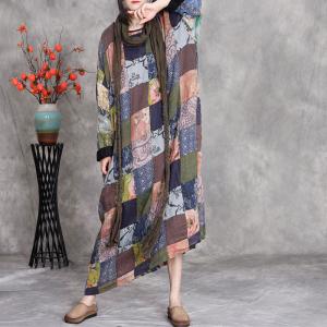 Flowers Printed Patchwork Plus Size Linen Colorful Caftan
