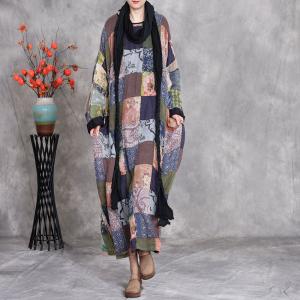 Flowers Printed Patchwork Plus Size Linen Colorful Caftan