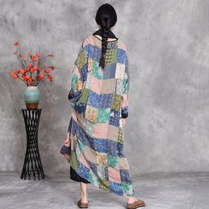Flowers Printed Patchwork Plus Size Linen Colorful Caftan