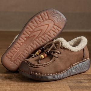 Beading Shoelaces Wool Lined Leather Wedge Boots