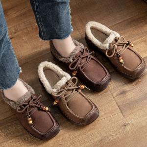 Beading Shoelaces Wool Lined Leather Wedge Boots